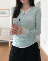 Lower See-through Hook V-Neck Long Sleeve