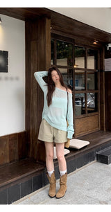 Mint off-shoulder lace long-sleeved see-through knitwear