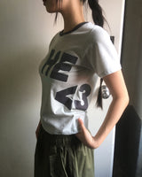 Necu ヴィンテージストライプレタリングプリント半袖Tシャツ