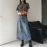 Taps Belt Set Slit Denim Long Skirt