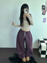 フリース/ストリング❤ベーシックルーズワイドロングパンツ 💜💙💚🤍4カラー