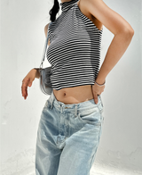 (FALL/WINTER KNIT) KNIT STRIPED SEMI-CROPPED LAYERED INNER TURTLE-NECK THICK TANK - 2 COLOR
