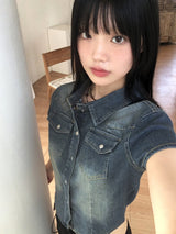 Markle Pocket Slim Washed Crop Denim Short Sleeve Shirt