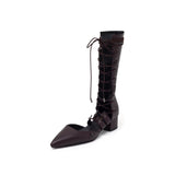 String Lace-Up Under The Knee Boots Heel(Brown)