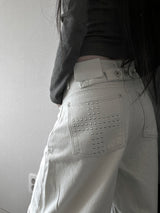back pocket cross stud wide denim (fleece-lined / 2color)