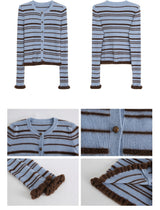 Blue stripe frill long-sleeved cardigan