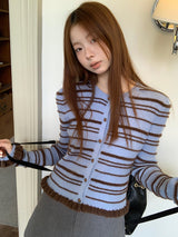 Blue stripe frill long-sleeved cardigan