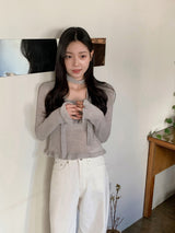 Feminine Frill Wool Crop Knit + Tie Set (3color)