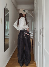 Heart pink stitch indigo denim pants