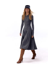 NyDkyel™ ニットフードドレス イレギュラーボタンエンベリッシュド フリースピットストライプ