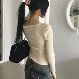 Coil Chiffon Layered Square Neck Slit V-Neck Knitwear