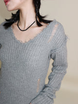 ラバーVネックダメージカットポイント長袖ニット (wool material)
