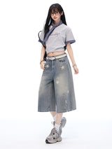 Vintage Star Print Washed Wide Cropped Denim Pants