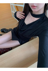 Black Chic Shimmering Halterneck Long-Sleeved T-Shirt