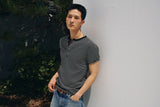 Stripe slim henley neck half t-shirts(Black)