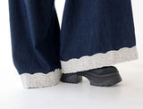 Lace Dark Denim Banded Waist Wide Pants