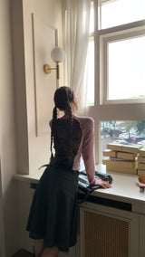 Back see-through lace long-sleeved T-shirt