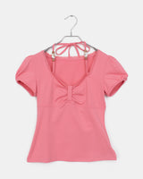 Code Beads Ribbon Shirring Puffed Short-Sleeved T-Shirt