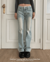  Touch Lace Trim Light Blue Bootcut Denim Pants