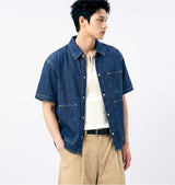 Oversized Pocket Short-Sleeve Denim Shirt Indigo