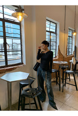 アンバランスオフショルダーストラップ長袖Tシャツ