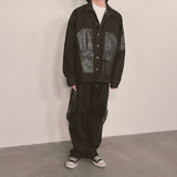 faux leather mix denim shirt_black