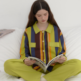 ロイヤル パープル アンド エメラルド グリーン コントラスト ストライプド スリープセット - 95% Cotton 5% Spandex Relaxed Pajamas