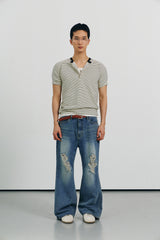Stripe slim henley neck half t-shirts(Ivory)