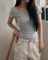 Ner Deep U-Neck Side Shirring Short-Sleeve T-Shirt
