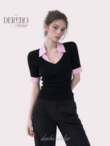 Pink black steady collar V top