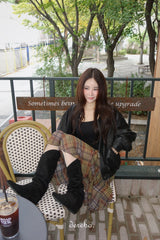 Prague Check Unbalanced Frill Midi Skirt