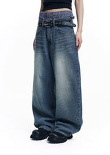 Stripe Lettering Denim Pants - Medium Blue