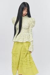 Flower Pattern Crease Ruffle Blouse Yellow