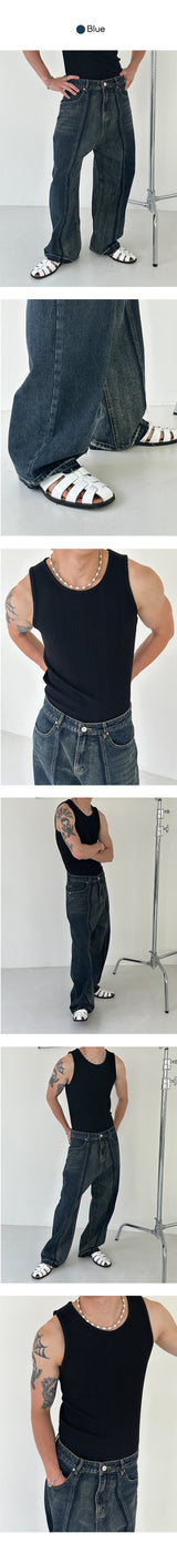 [UNISEX] カットオフラインワイドデニムパンツ（２色）