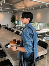 アーロンデイリーダブルフラップスタディデニムロングスリーブシャツ