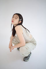 リネンブレンドカットアウトトップス, ベージュ