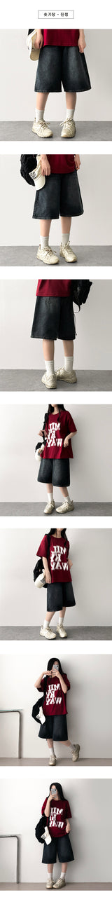 Shumi waistband denim wide Bermuda shorts [Short & basic choice]