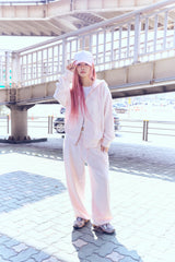 Ribbon bunny hood zip-up (soft pink)