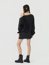 One-shoulder Blanc Ribbon Shirring Detail Top, Black