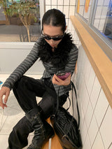 Black fur striped knit cardigan