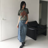 Taps Belt Set Slit Denim Long Skirt