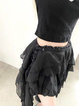 1461. フリルラッフルロングシフォンレイヤーカバースカート (2color)
