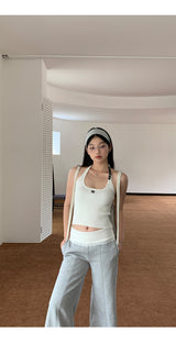 ホルターネックバックルリブノースリーブTシャツ