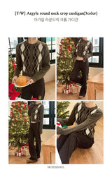 [F/W] Argyle round neck crop cardigan(3color)