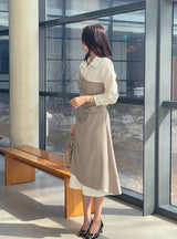 Sene color matching shirring drape shirt long one piece