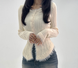 WOOL-BLEND♥ファーディテールチューリップUネックスリムニットリブカーディガン - 3 COLOR