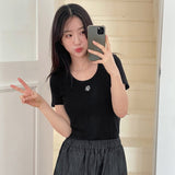 ステッチUネックコットンスパンハーフTシャツ [BLACK]