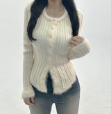 WOOL-BLEND♥ファーディテールチューリップUネックスリムニットリブカーディガン - 3 COLOR