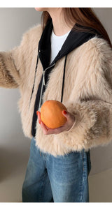 Eyes Hooded Layered Fur Zip-Up Jacket