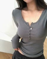 [ORIGINAL] Clock Ribbed Henley Neck Long-Sleeve T-Shirt